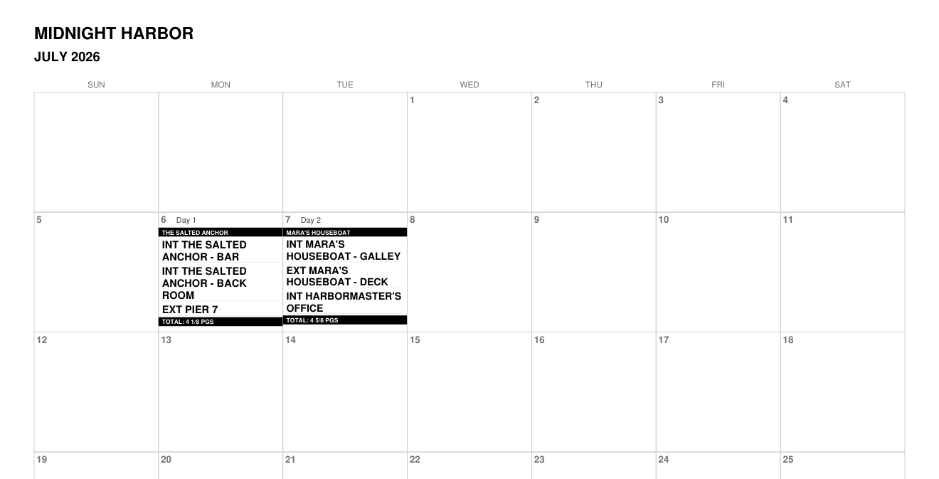 Sample month calendar for Midnight Harbor