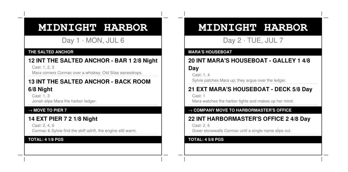 Sample wall calendar squares for Midnight Harbor, with trim lines